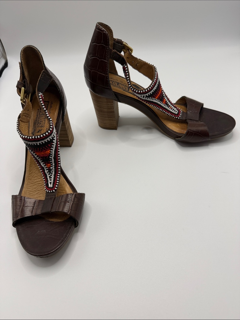 Pikolinos Massai Beaded T-Strap Leather Block Heel Sandals Shoes 37